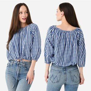 NEW Rhode Luciana Puff Sleeves Self Tie Gingham Plaid Blue Blouse Top